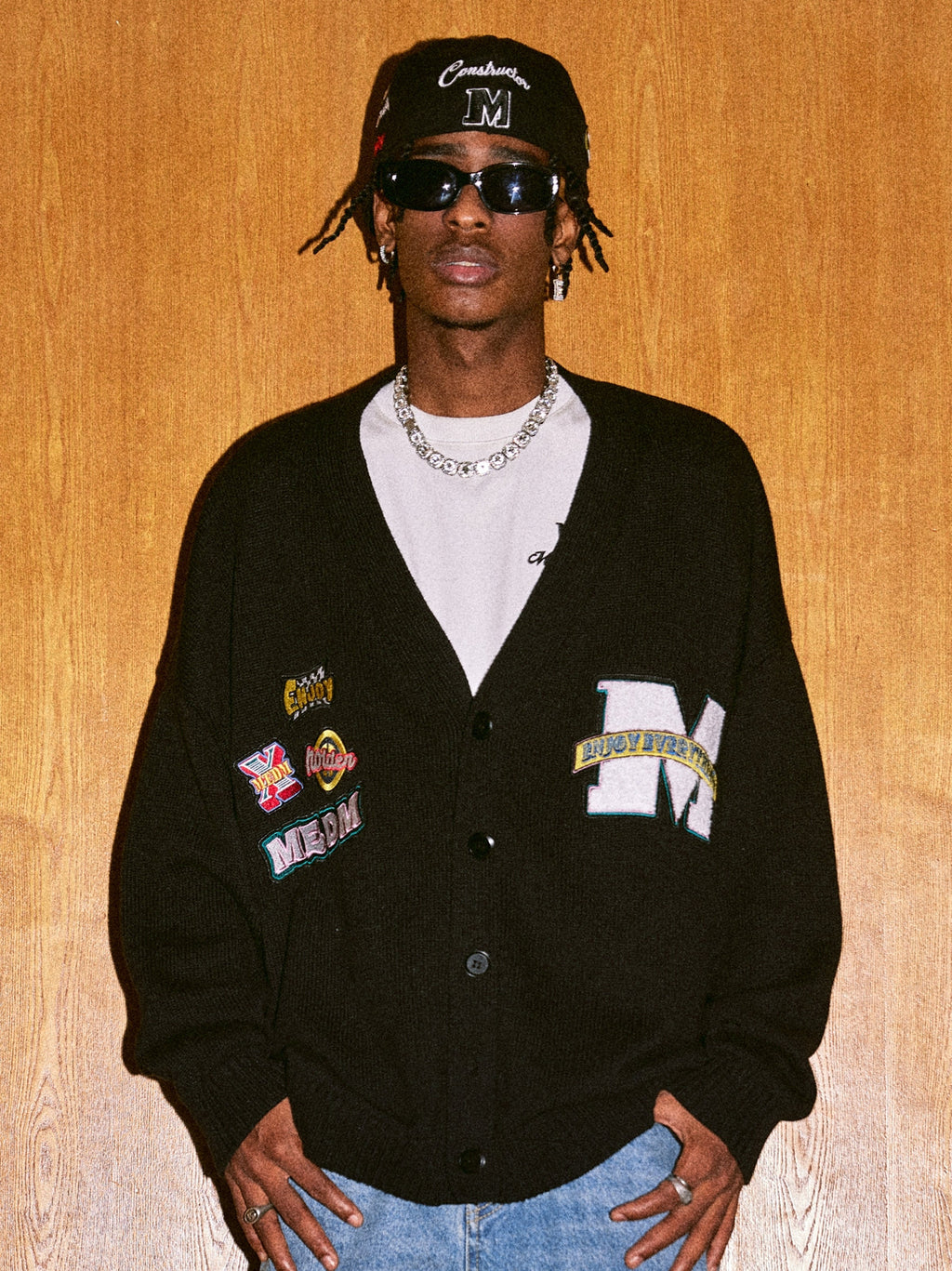 MEDM Embroidered Badge Knit Sweater Cardigan