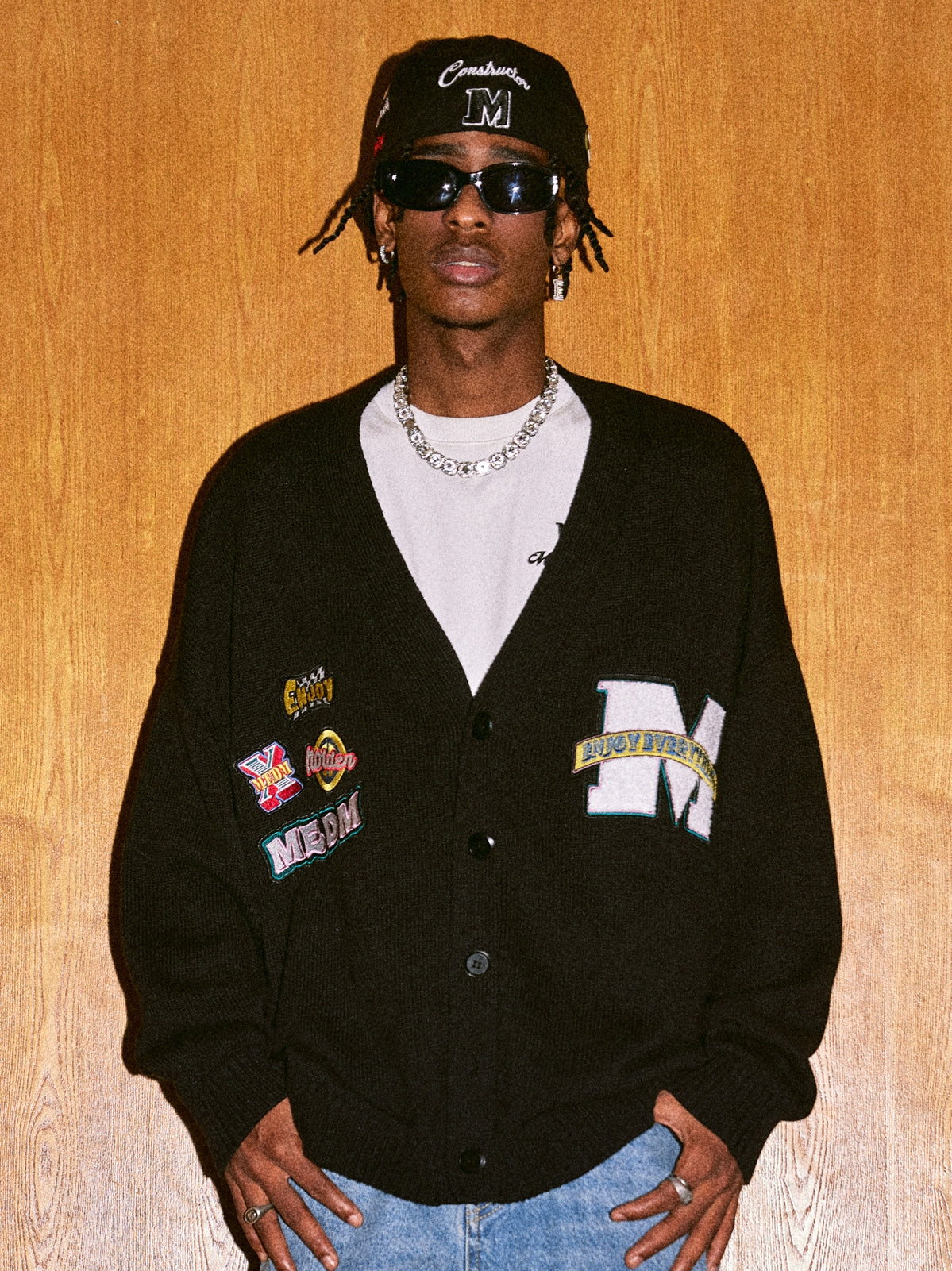 MEDM Embroidered Badge Knit Sweater Cardigan