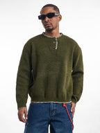 F3F Select White Stitching Henley Neck Knit Sweater