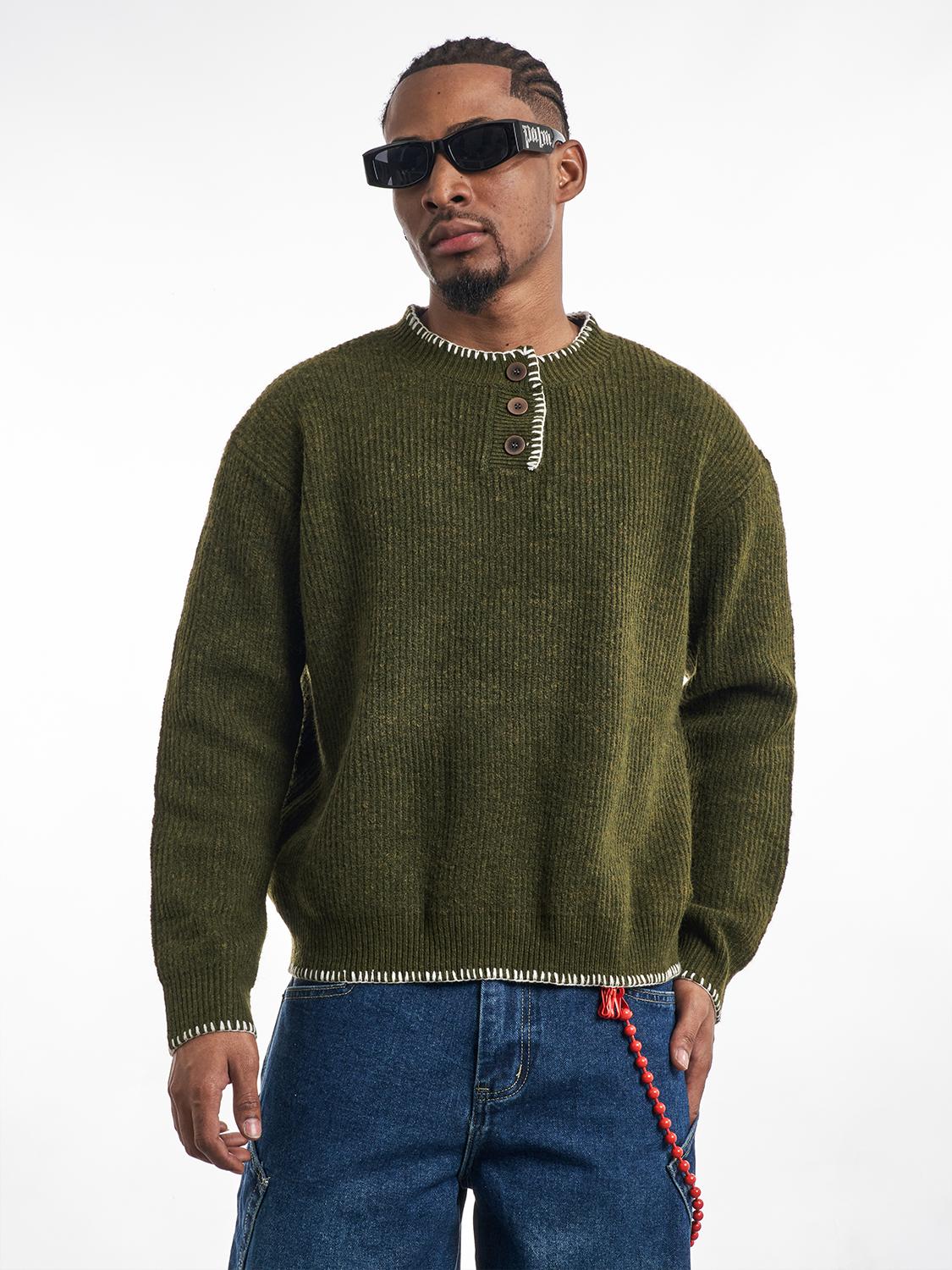 F3F Select White Stitching Henley Neck Knit Sweater