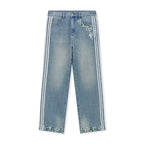 DICETINY Side Striped Floral Embroidered Washed Jeans