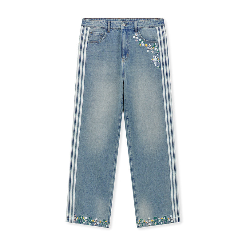 DICETINY Side Striped Floral Embroidered Washed Jeans