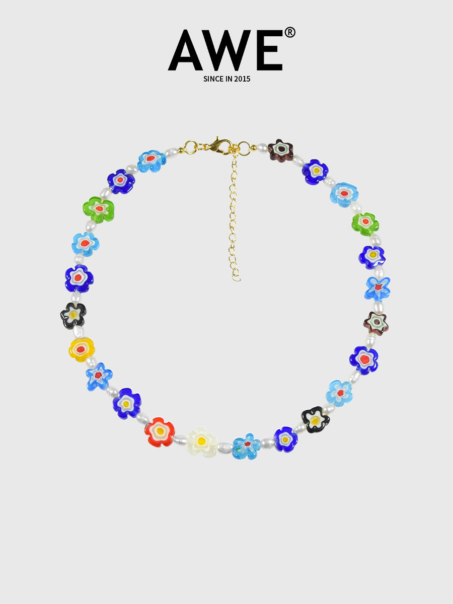 AWE Colored Glass Flower Pearl Necklace