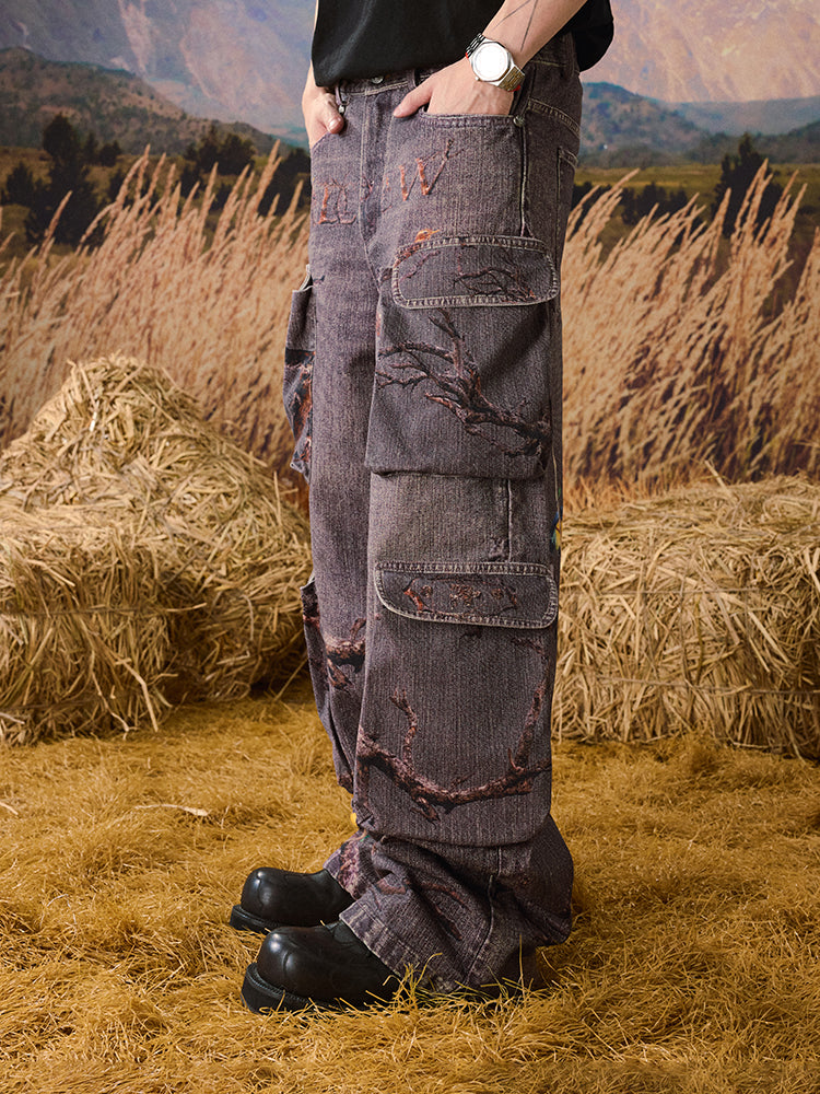 YADcrew Autumn Forest Tree Branch Print Baggy Cargo Jeans