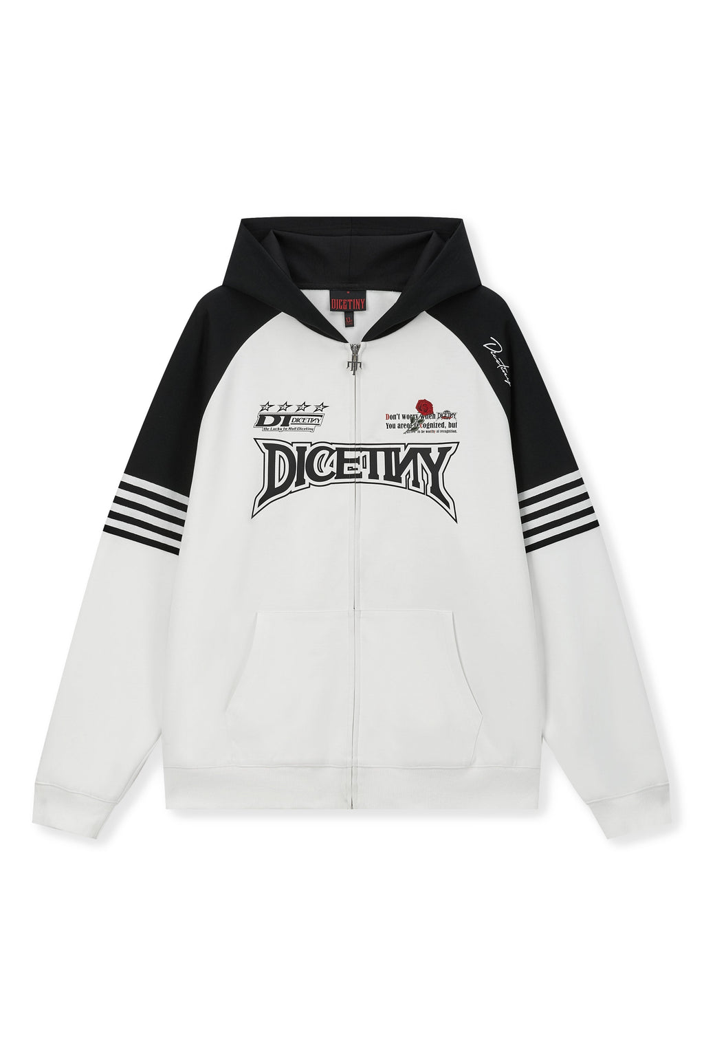 DICETINY Rose Embroidery Logo Printed Zip Up Hoodie