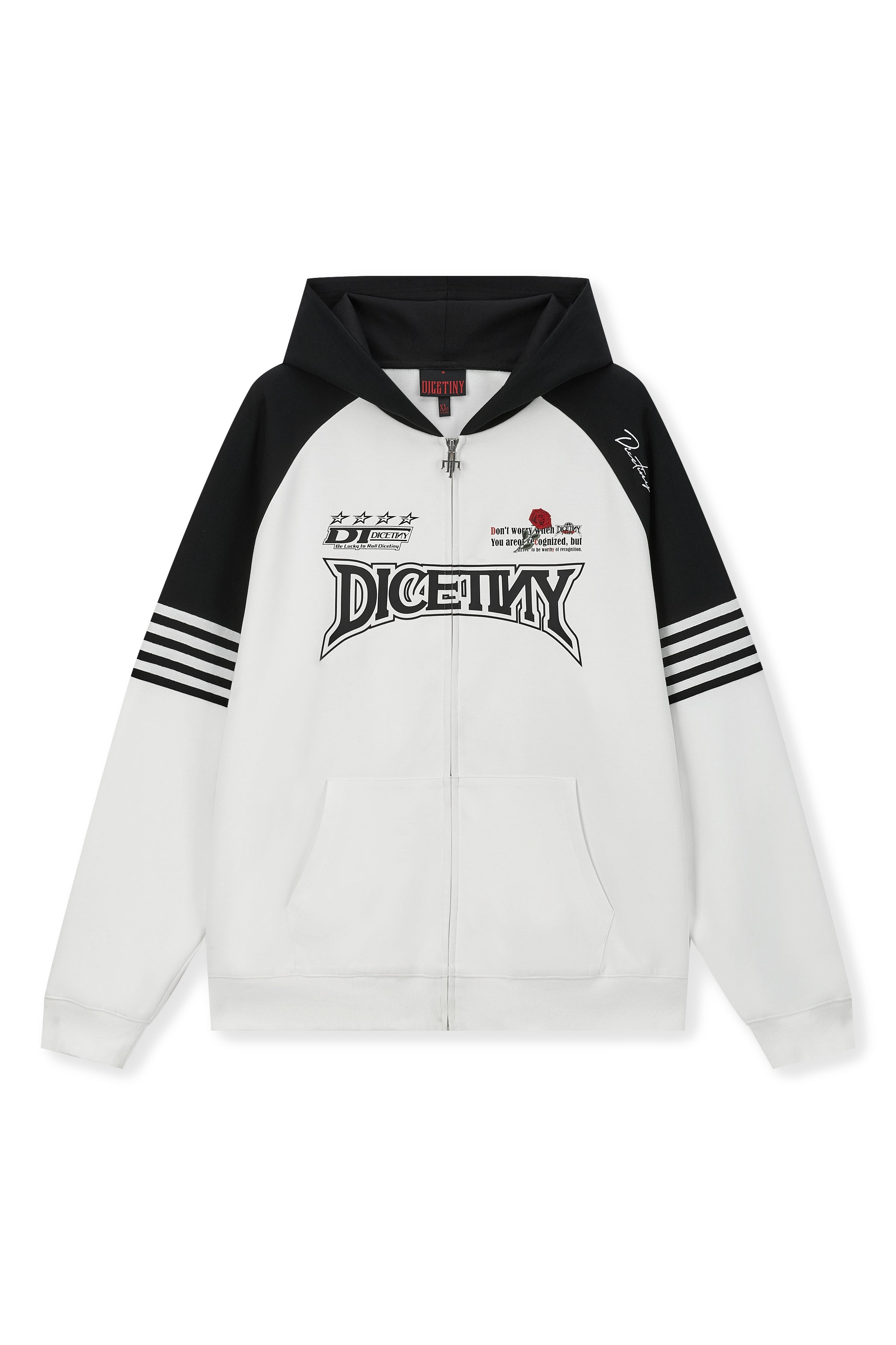 DICETINY Rose Embroidery Logo Printed Zip Up Hoodie