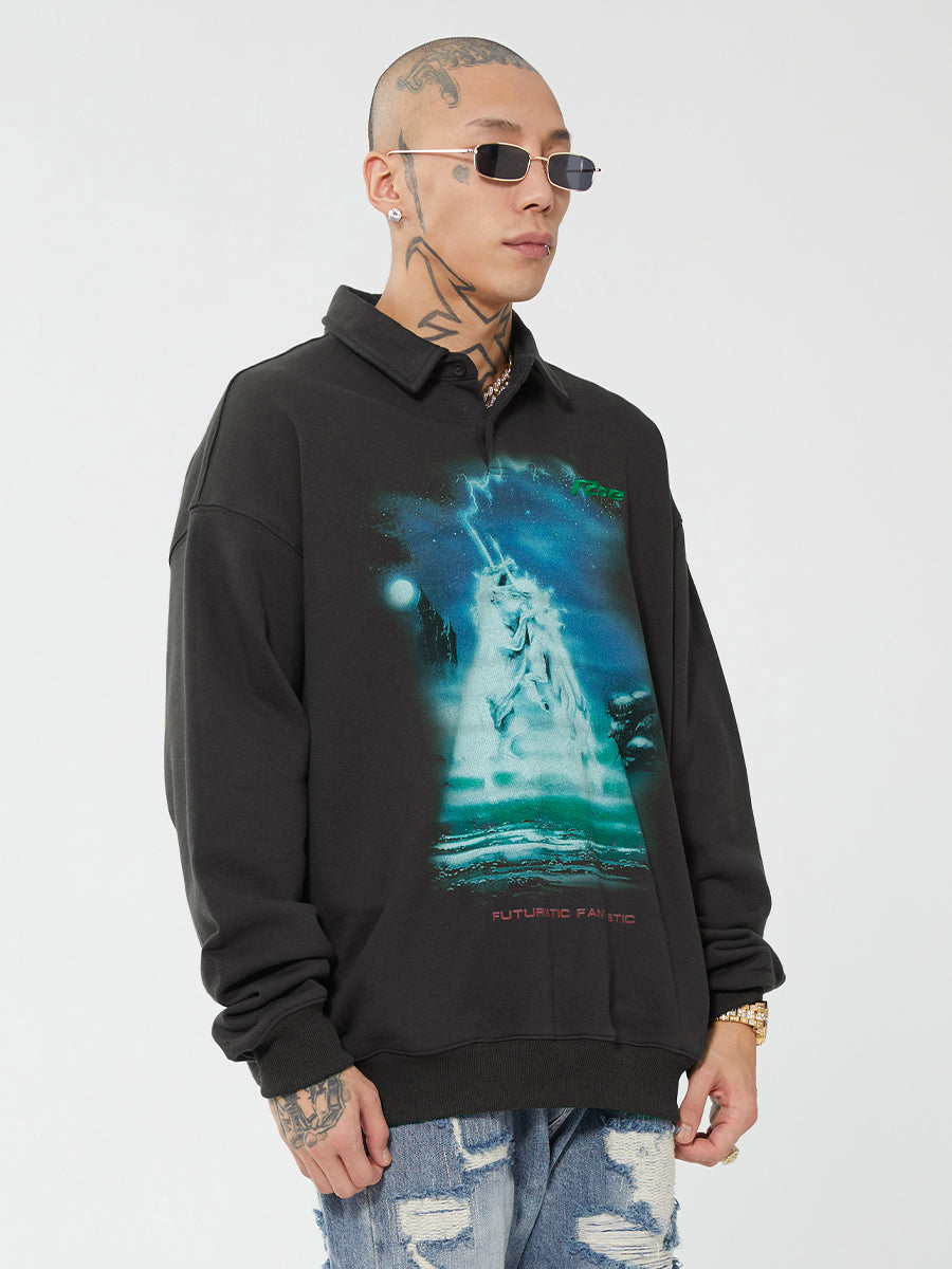 F2CE Retro Vintage Print Polo Sweatshirts