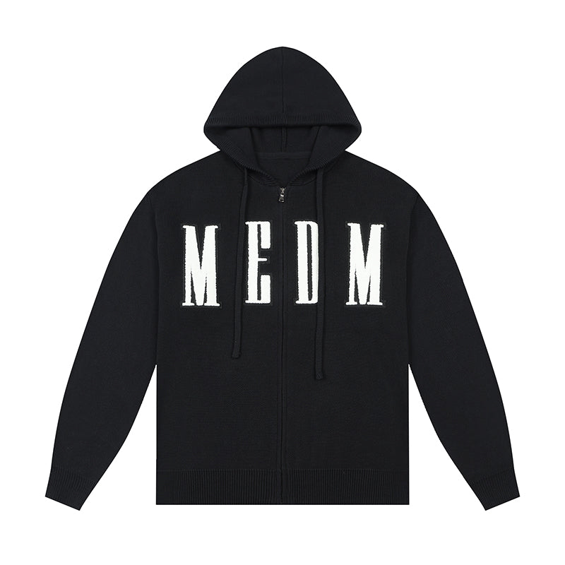 MEDM Basic Embroidered Logo Zip Up Knit Hoodie
