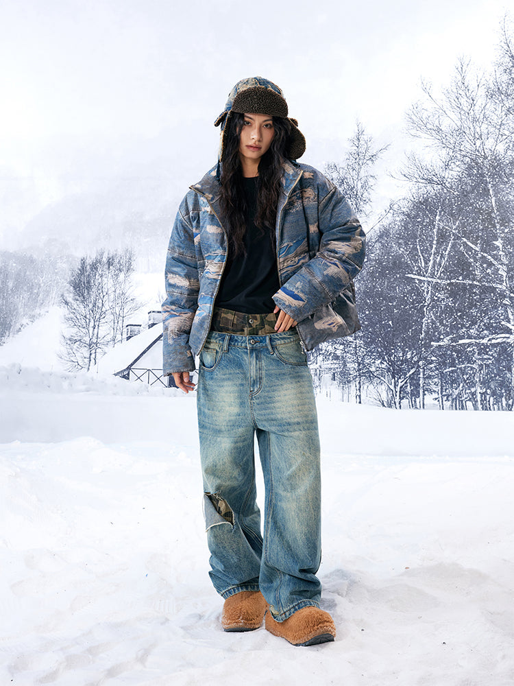 YADcrew Camouflage Splicing Double Waistband Baggy Jeans