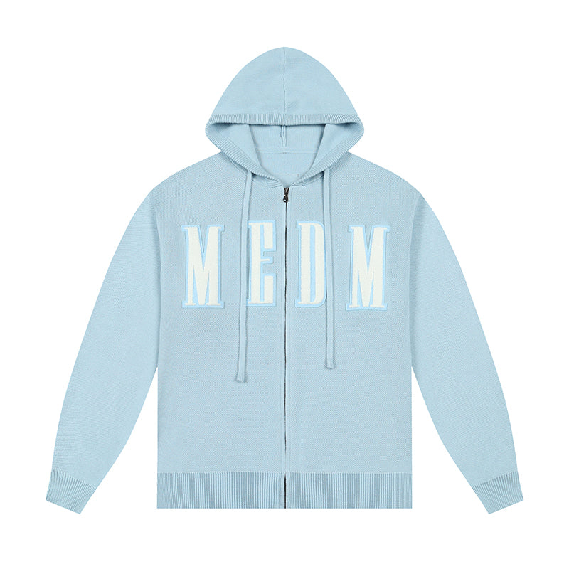 MEDM Basic Embroidered Logo Zip Up Knit Hoodie