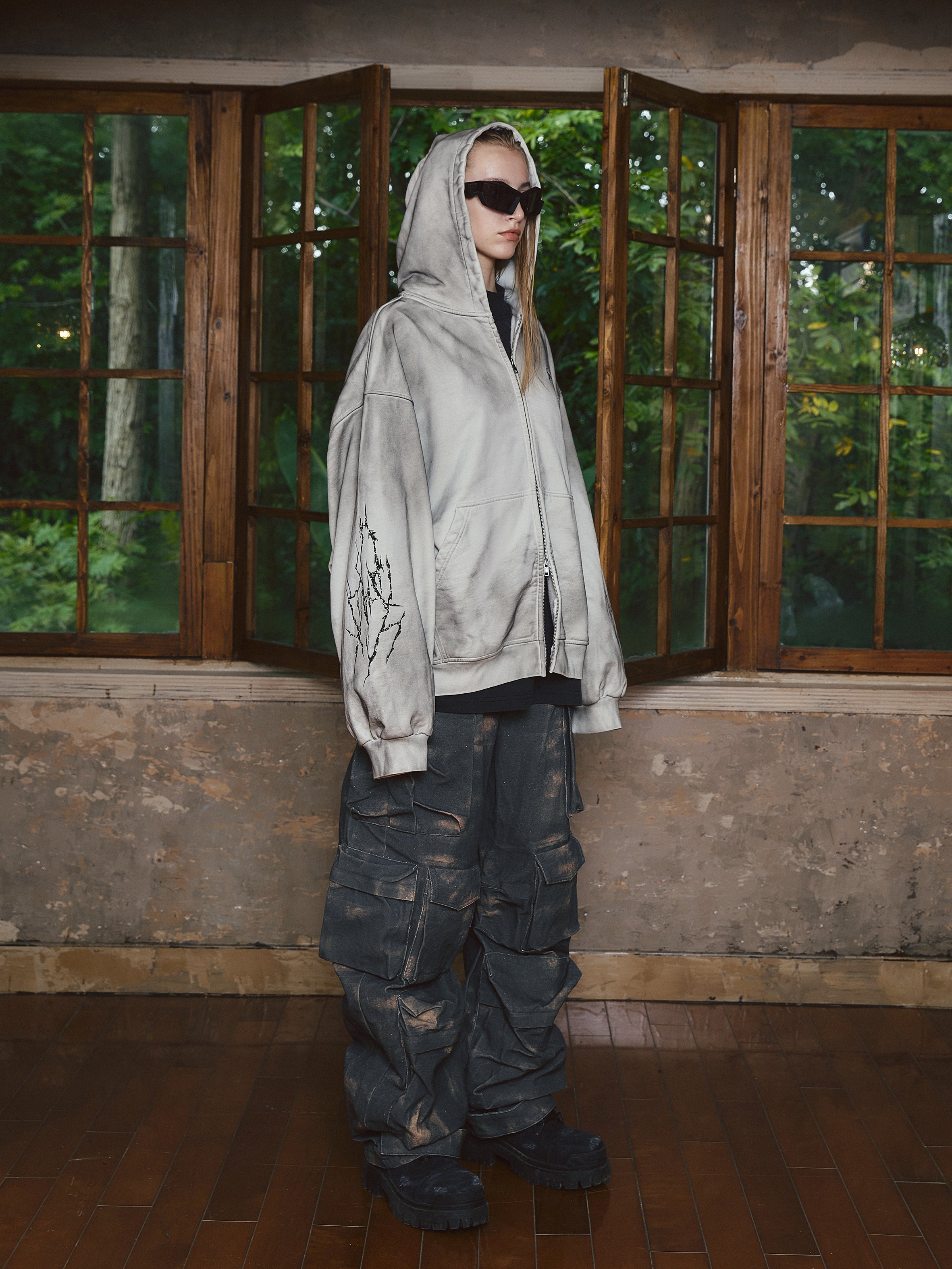 STEEPC Blade Drop Shoulder Dirty Zip Hoodie