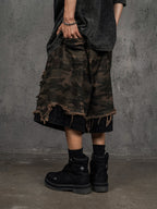 UNDERWATER Double Layer Damage Camo Cargo Denim Shorts | Baggy Jorts