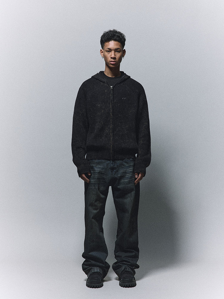 ANTIDOTE Washed Destruction Zip Up Knit Hoodie