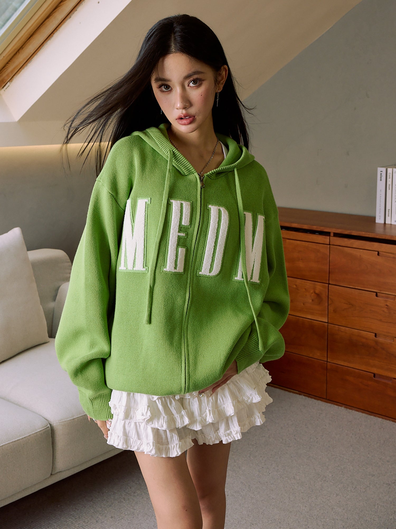 MEDM Basic Embroidered Logo Zip Up Knit Hoodie