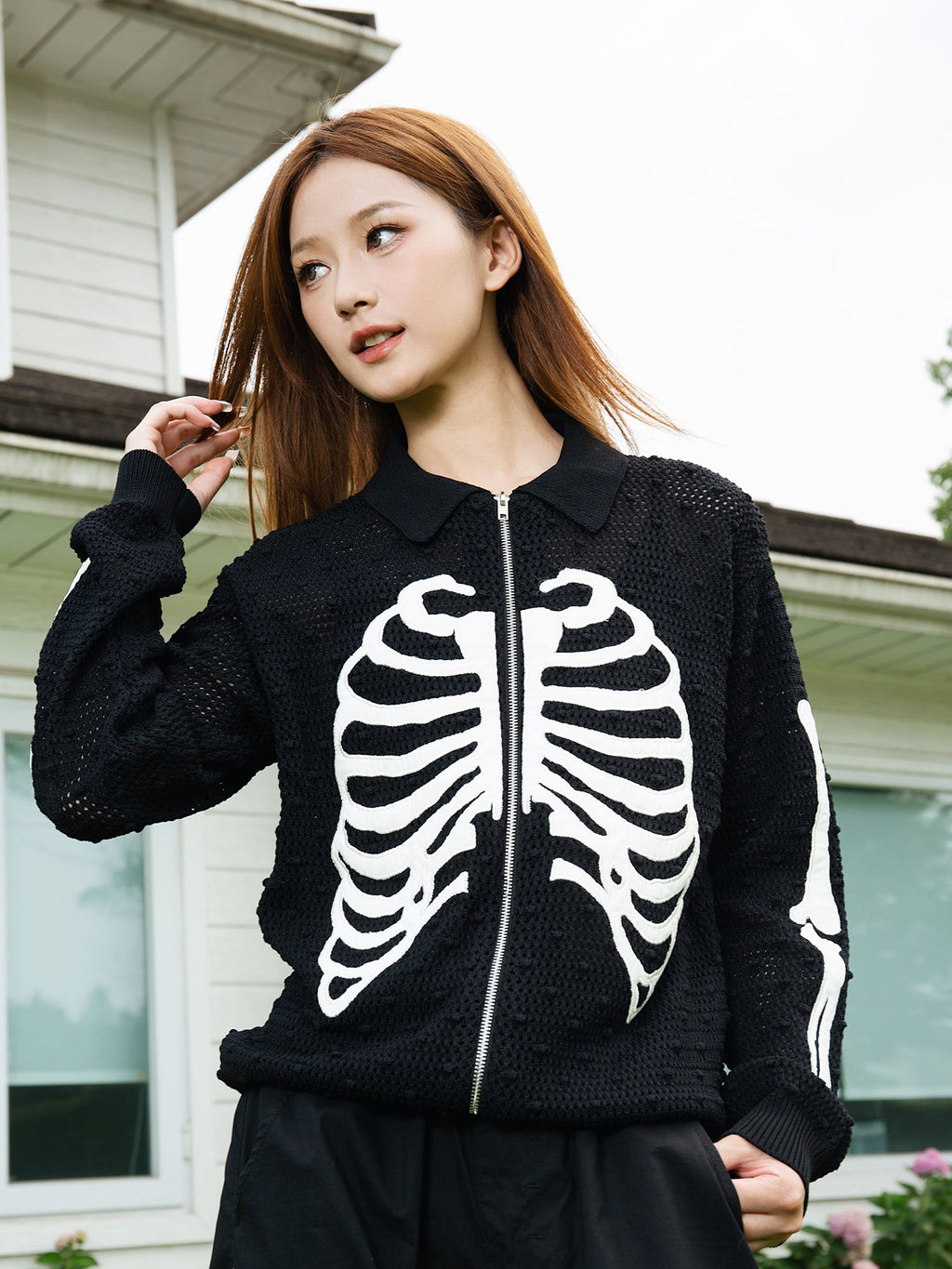 S45 Skeleton Mesh Zip Up Knit Cardigan