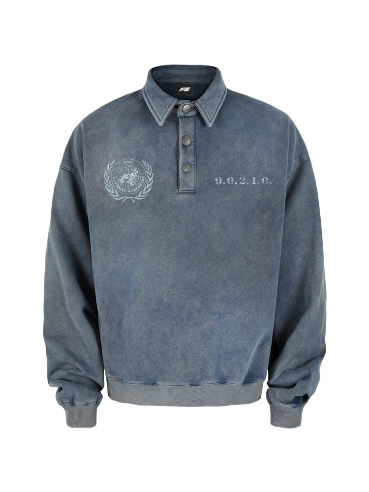 ANTIDOTE Badge Printed Washed Polo Sweatshirt
