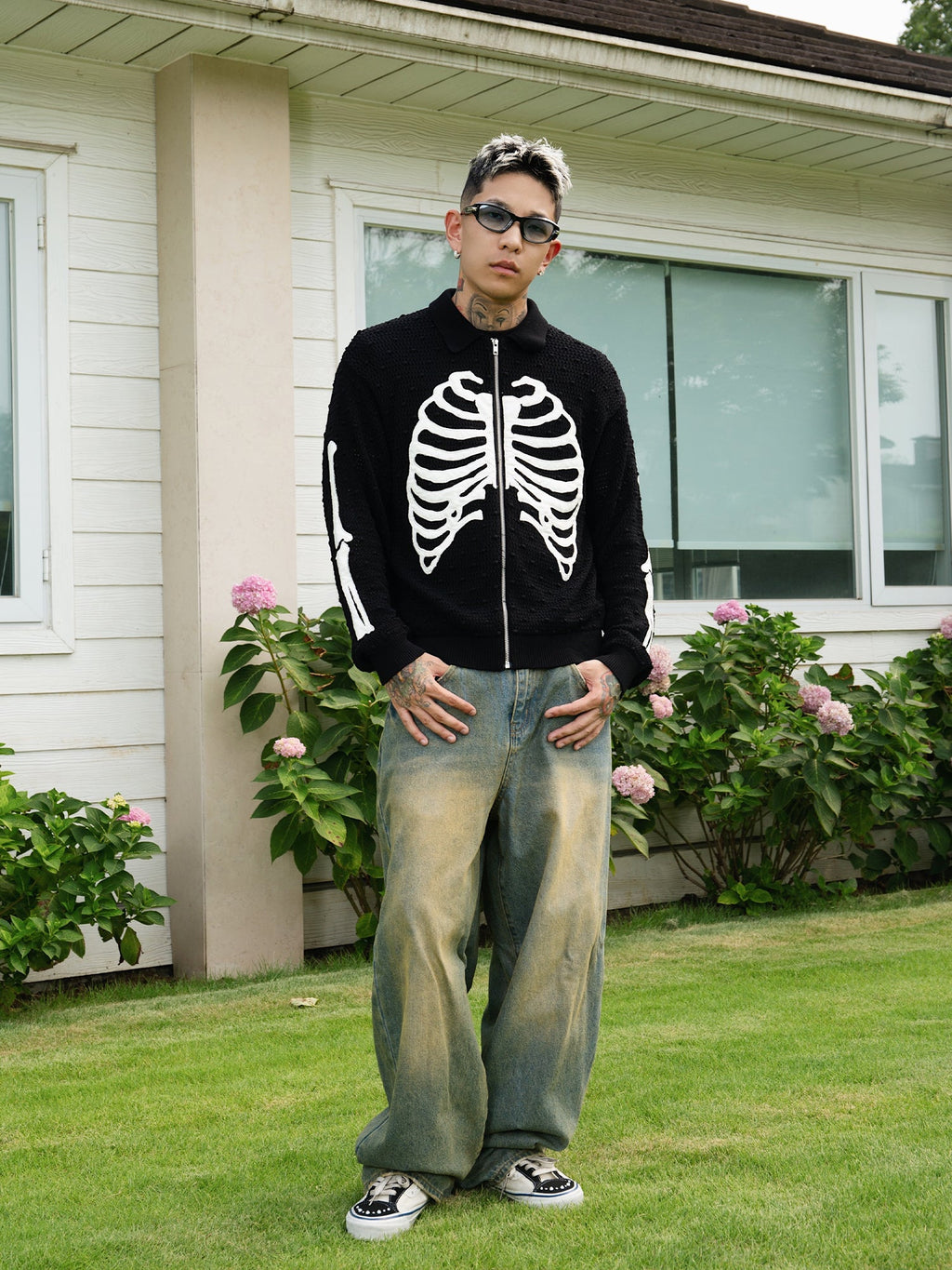 S45 Skeleton Mesh Zip Up Knit Cardigan