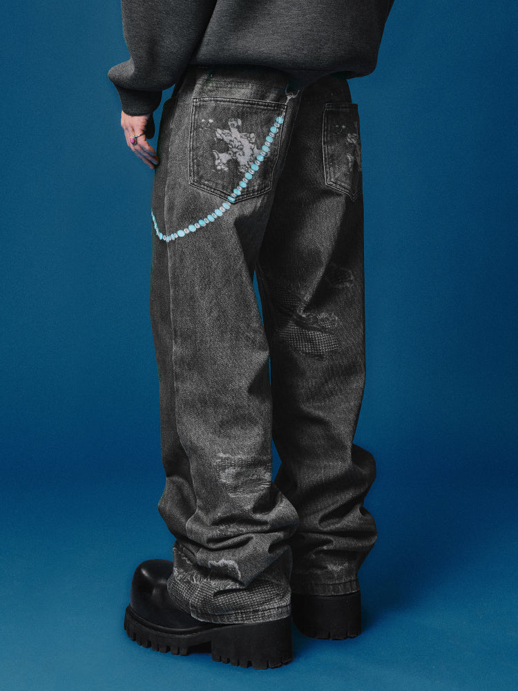 YADcrew Chain Embossed Print Jeans