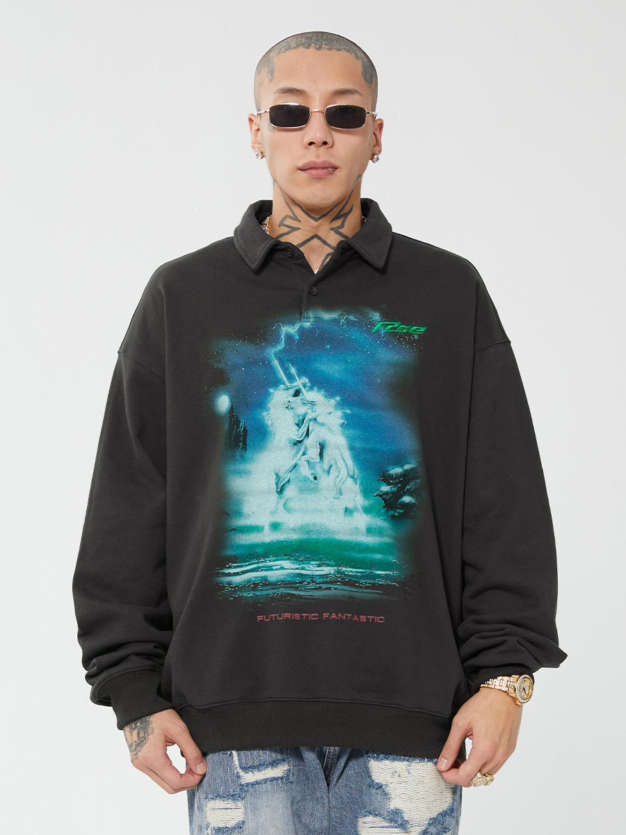 F2CE Retro Vintage Print Polo Sweatshirts