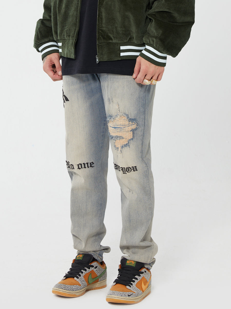 F2CE Destruction Embroidered LOGO Straight Denim Jeans Pants