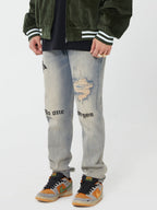 F2CE Destruction Embroidered LOGO Straight Denim Jeans Pants