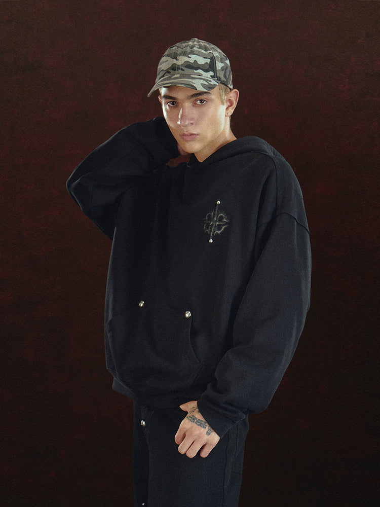 DICETINY Leather Logo Metal Studs Hoodie