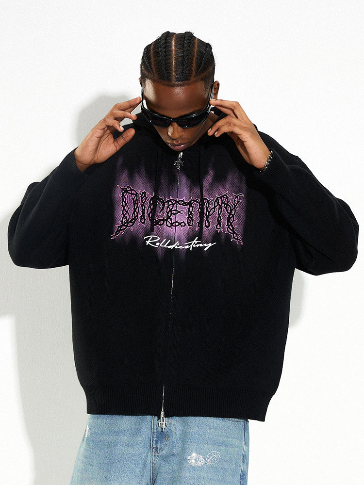 DICETINY Thorn Logo Print Zip Up Knit Hoodie