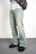 EVILKNIGHT(EK) Basic Washed Splash Ink Flared Denim Pants