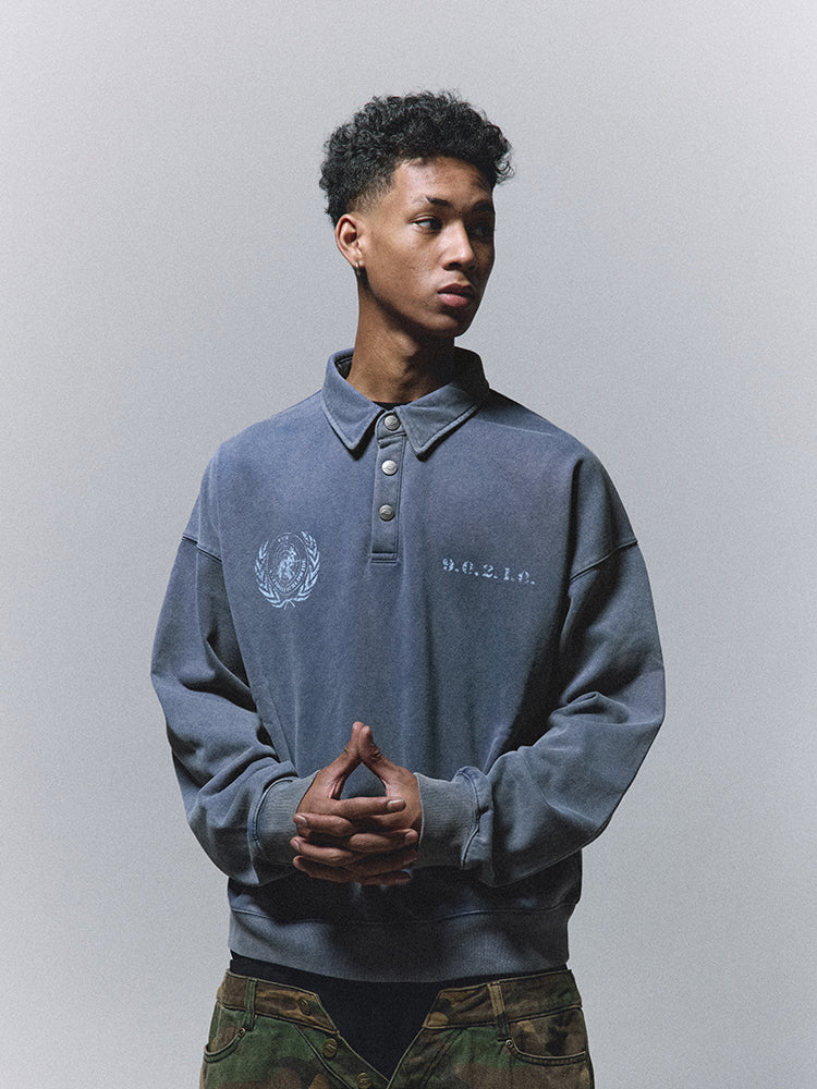ANTIDOTE Badge Printed Washed Polo Sweatshirt