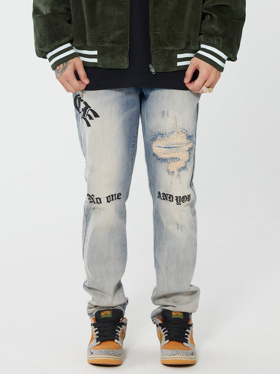 F2CE Destruction Embroidered LOGO Straight Denim Jeans Pants