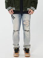 F2CE Destruction Embroidered LOGO Straight Denim Jeans Pants