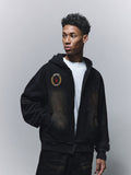 ANTIDOTE Washed Distressed Embroidery Badge Zip Up Hoodie