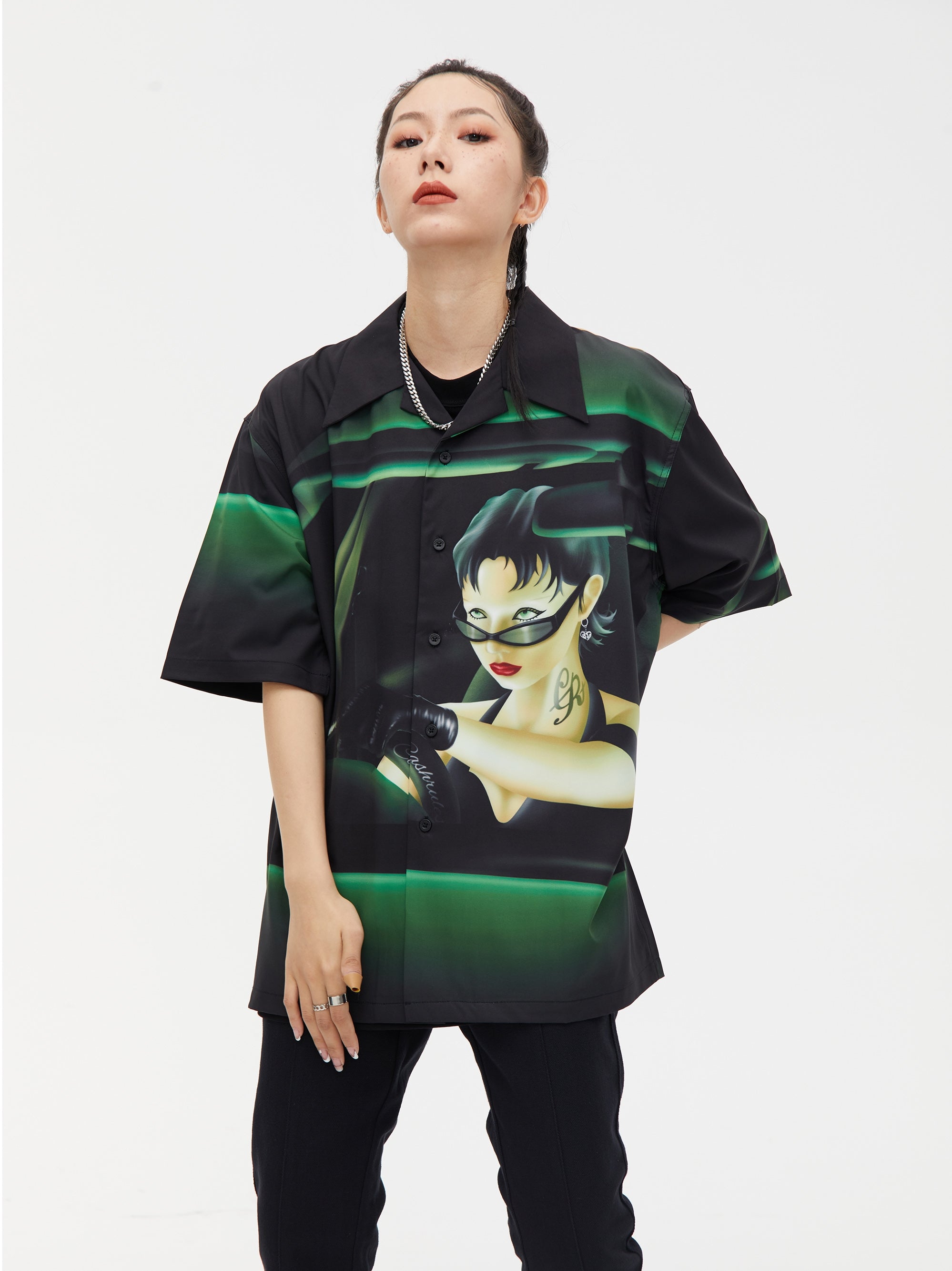 Cashrules Gangster Sports Car Print Short Sleeved Cuban Shirt