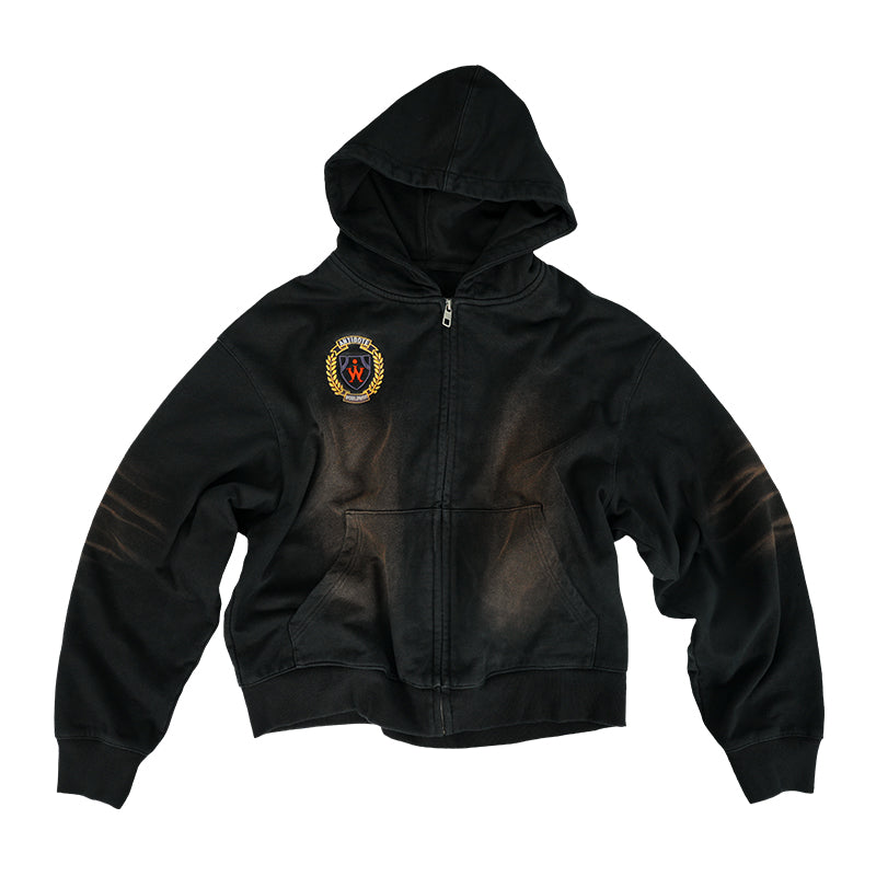 ANTIDOTE Washed Distressed Embroidery Badge Zip Up Hoodie