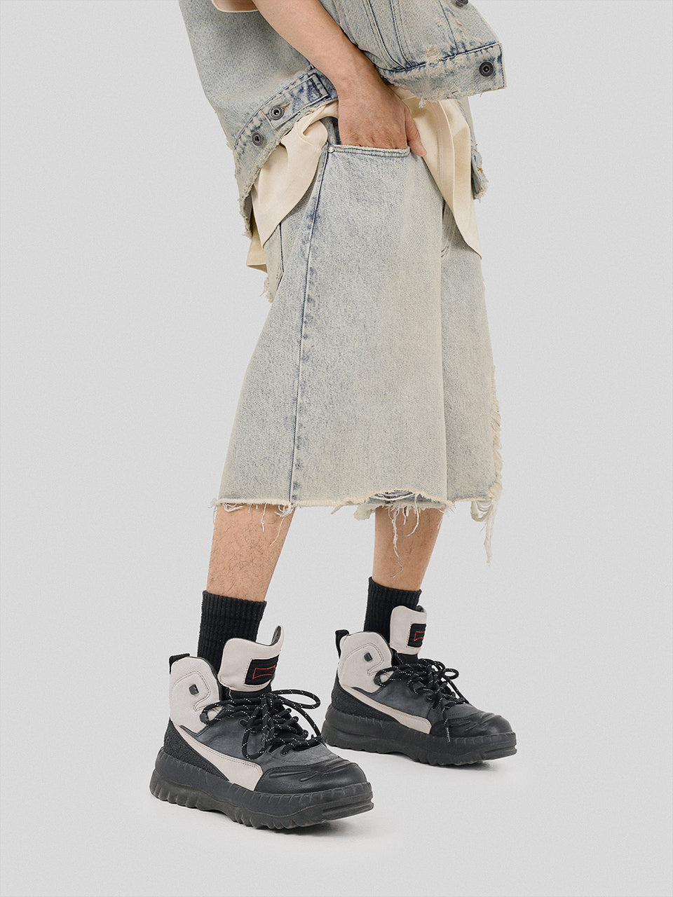 UNDERWATER Washed Damaged Light Blue Denim Shorts | Baggy Jorts