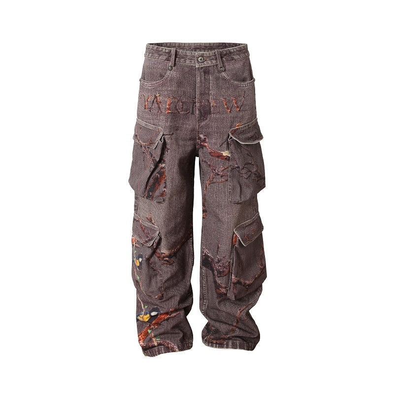 YADcrew Autumn Forest Tree Branch Print Baggy Cargo Jeans
