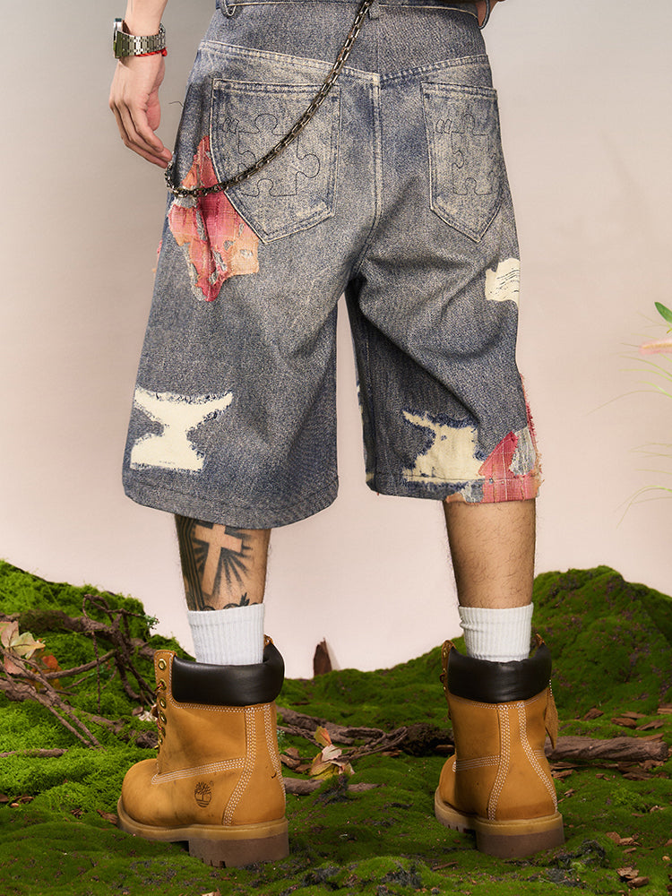 YADcrew Evening Lace Print Denim Shorts