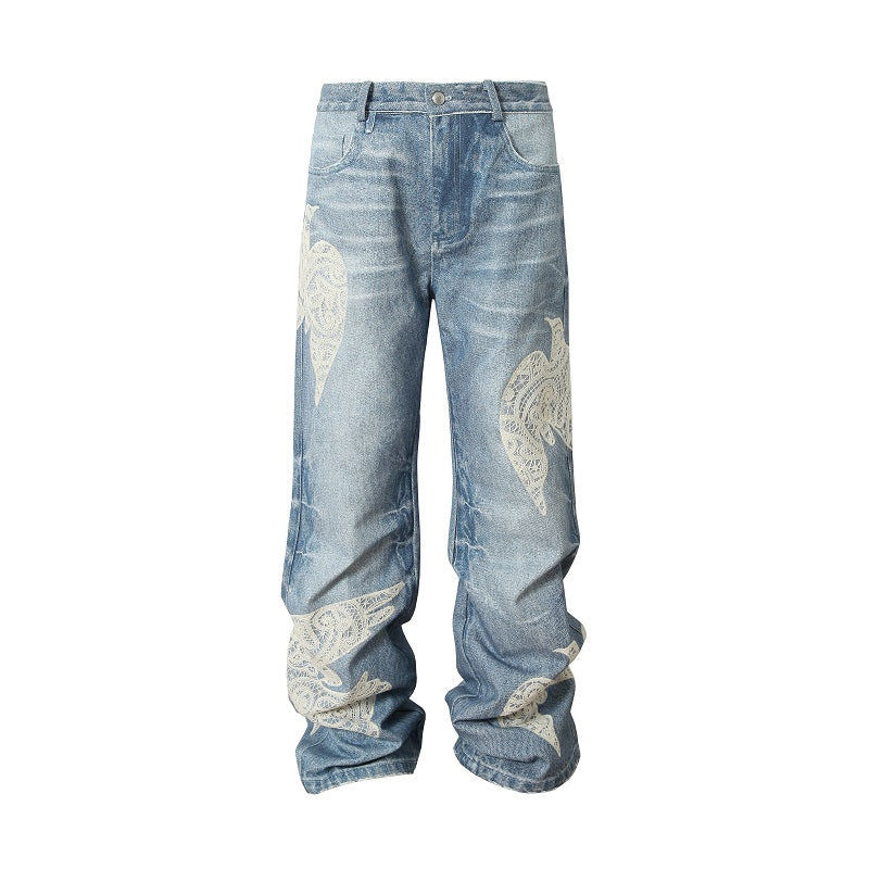 YADcrew Lace Peace Dove Patch Embroidery Print Jeans