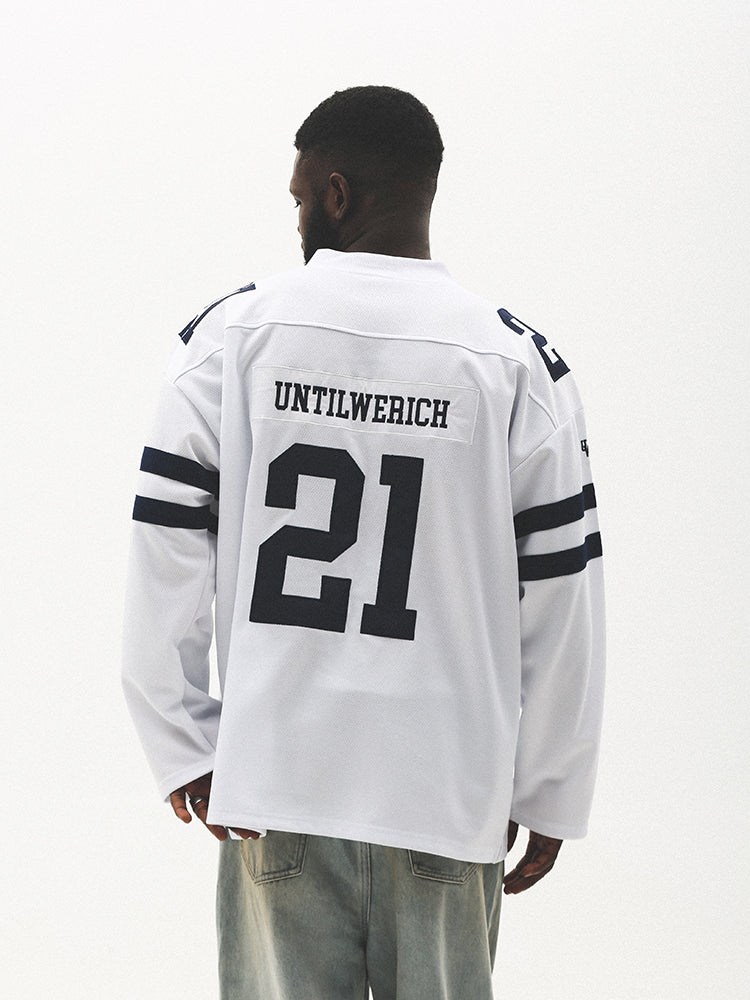 UNTILWERICH Mesh Quilting Embroidered Long Sleeve Hockey Jersey