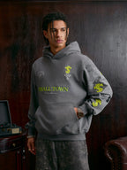 Small Town Kid Cross Print Patch Logo Leather Hoodie