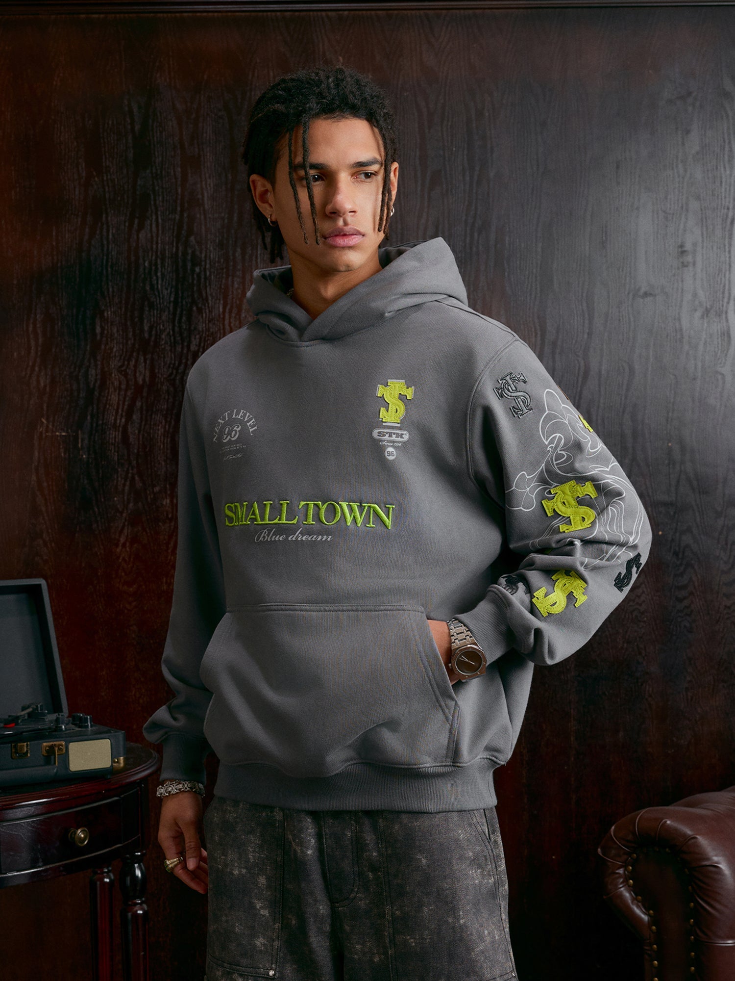 Small Town Kid Cross Print Patch Logo Leather Hoodie
