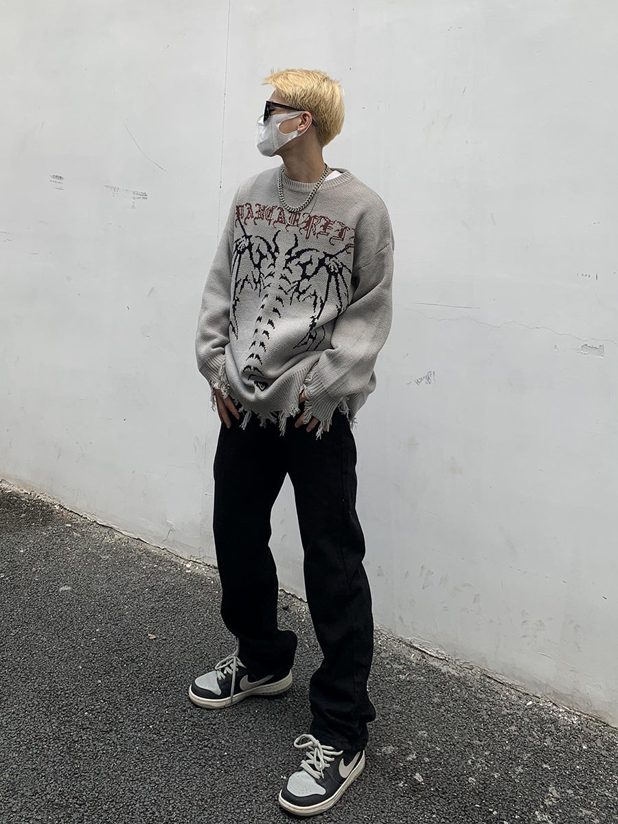 Skeleton Letters Frayed Distressed Knit Sweater