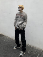 Skeleton Letters Frayed Distressed Knit Sweater