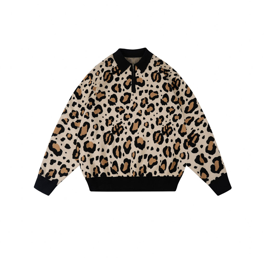 S45 Leopard Jacquard Polo Collar Knit Sweater