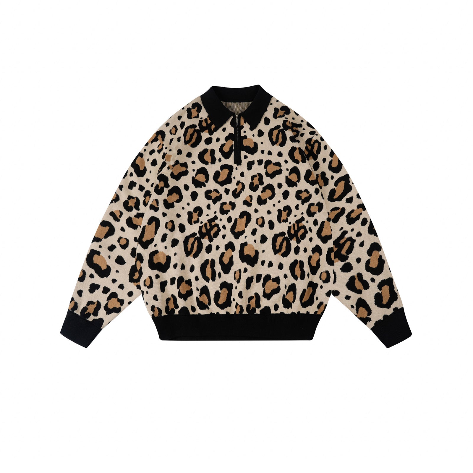 S45 Leopard Jacquard Polo Collar Knit Sweater