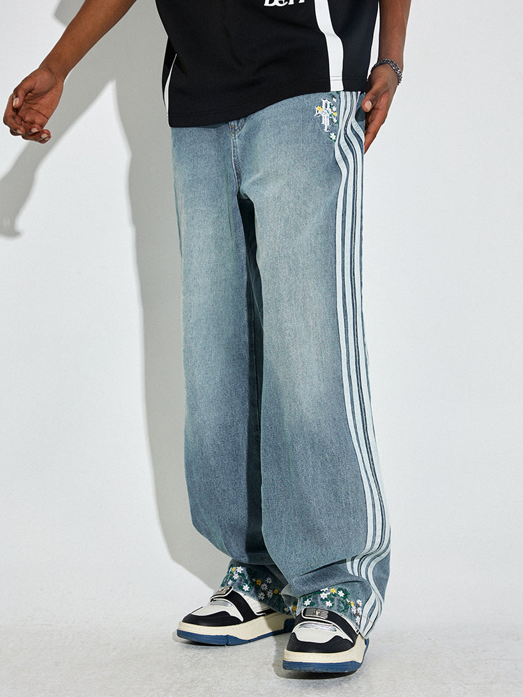 DICETINY Side Striped Floral Embroidered Washed Jeans