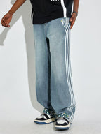 DICETINY Side Striped Floral Embroidered Washed Jeans