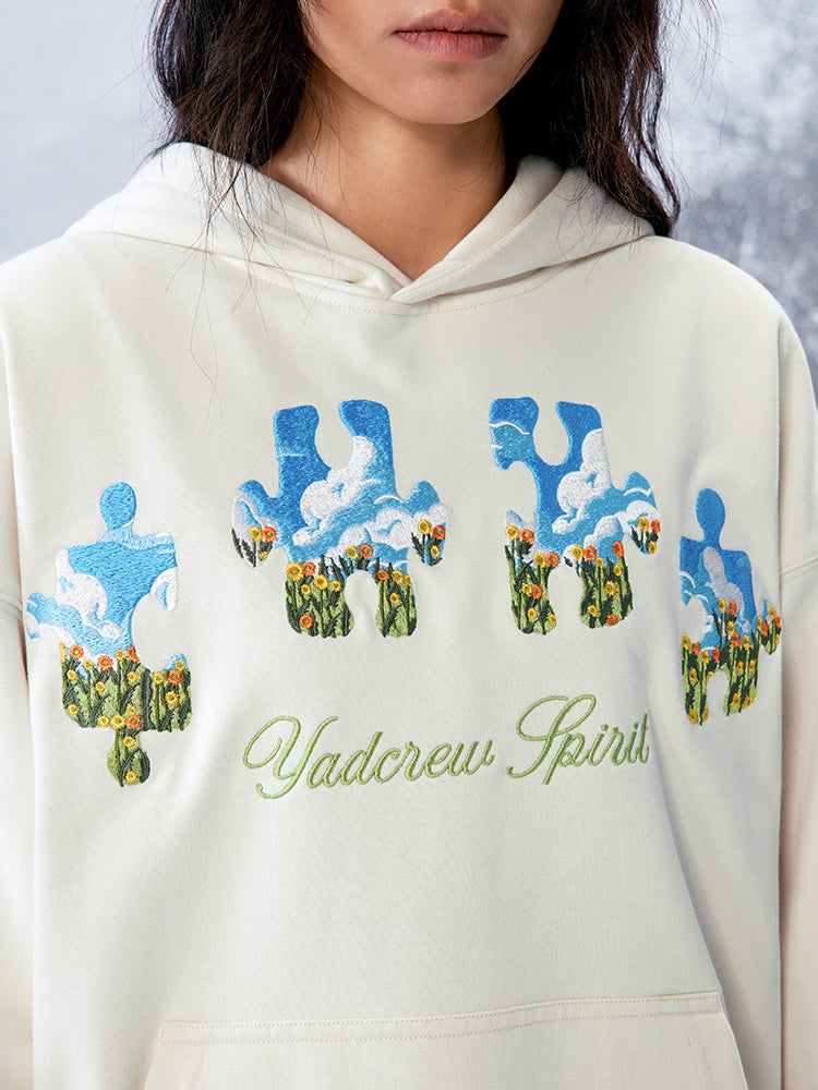 YADcrew Blue Sky Flower Puzzle Embroidery Hoodie