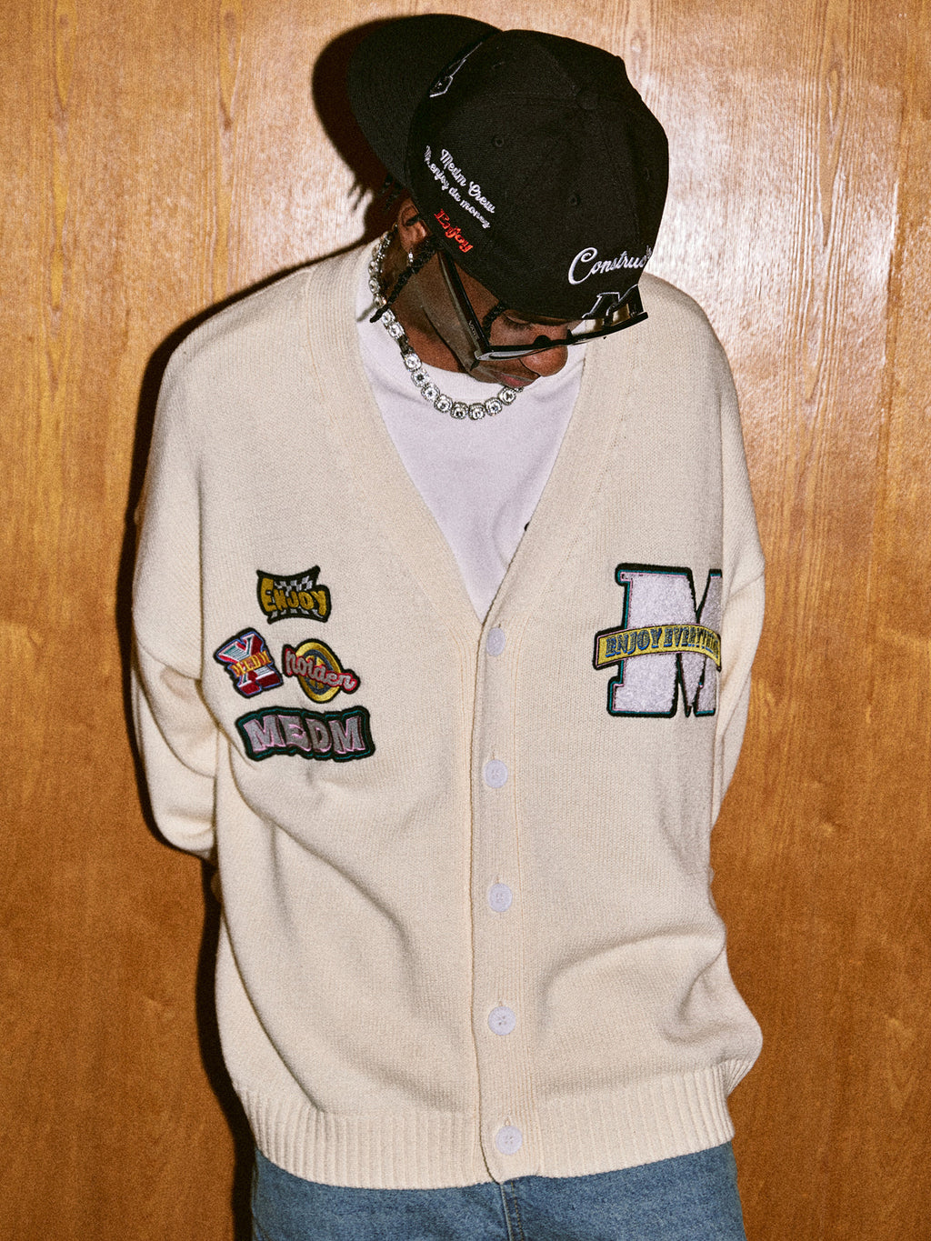 MEDM Embroidered Badge Knit Sweater Cardigan