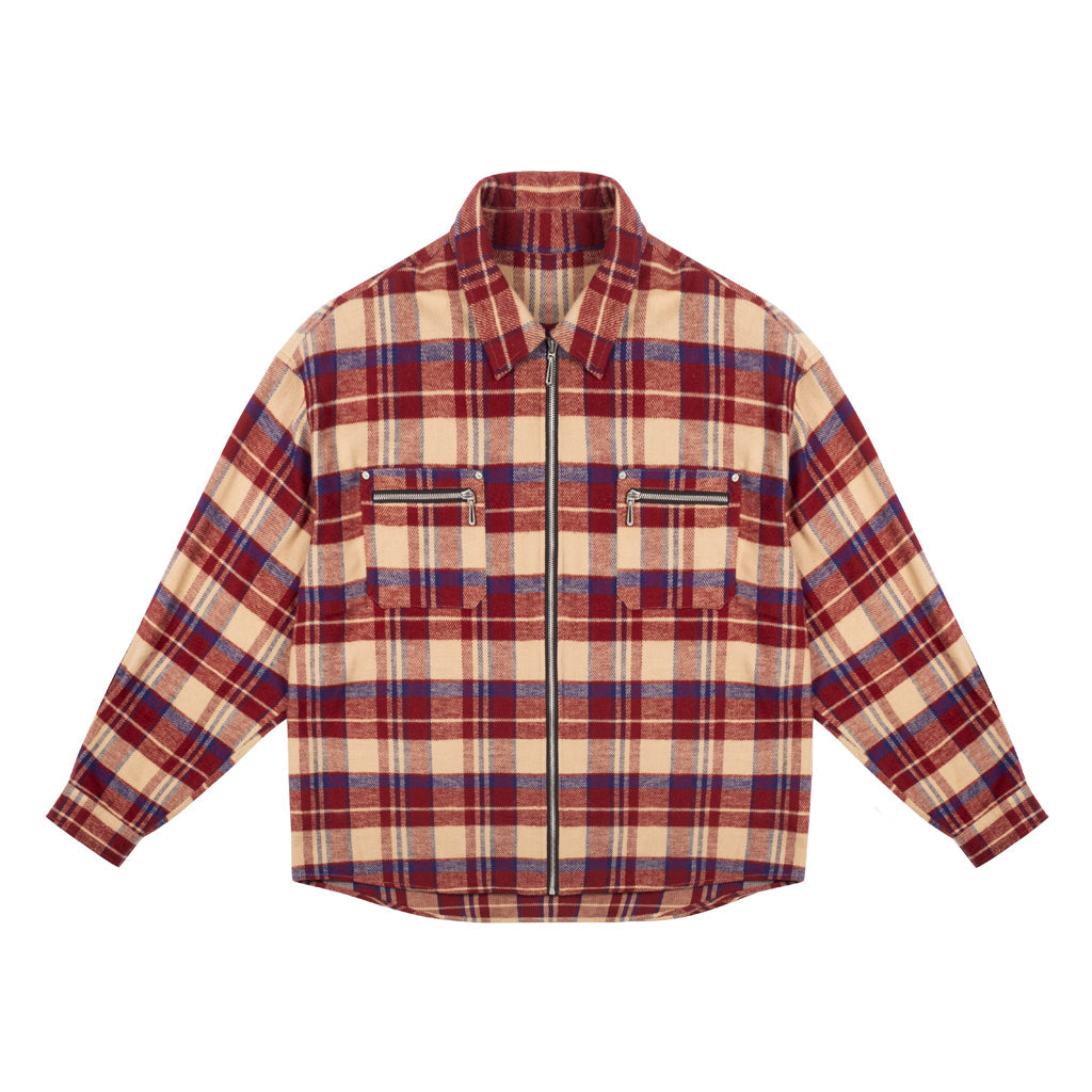ANTIDOTE Zipper Plaid Embroidered Long Sleeved Shirt